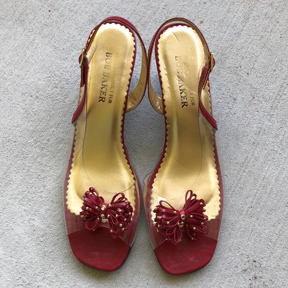 BOB BAKER Clear & Red Bow Front Peep Toe Sling Back Wedge Sandals - Picture 5 of 14